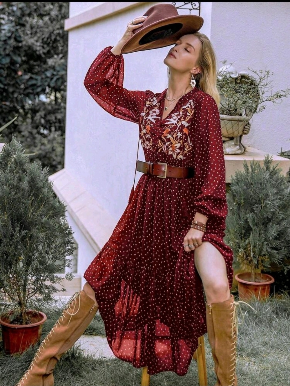 Women's Burgundy Long Sleeve Boho Maxi Dress - Picture 4 of 14